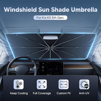 Autorder Windshield Sun Shade Umbrella for 2021-2025 2026 Kia K5 Accessories,Upgraded Ice Crystal Material,Easy Setup Umbrella Sunshade for Car Windshield,100% Sun Blocking
