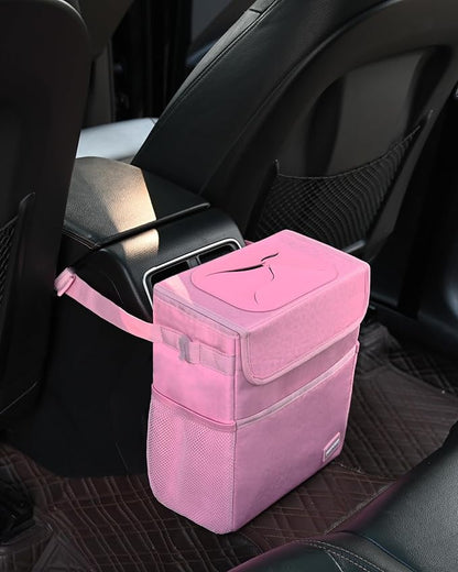 SIBOFUEGO Car Trash Can Cute - Multifunctional Interior Car Accessory for Women, Car Organizer and Storage with Adjustable Straps, Car Stuff Storage 2 Gallons (Leopard-Print Pink)