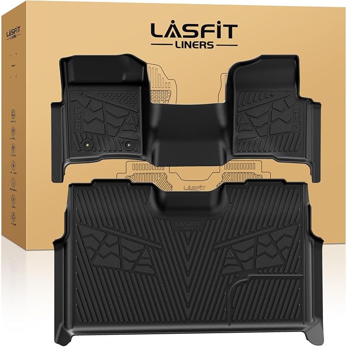 LASFIT Floor Mats for Ford F-150 2011-2014 SuperCrew 1st Row Bench Seating Carpet Floor, All Weather Protector Car Liners TPE Truck Mats, Front & Rear Rows, 3pcs Black