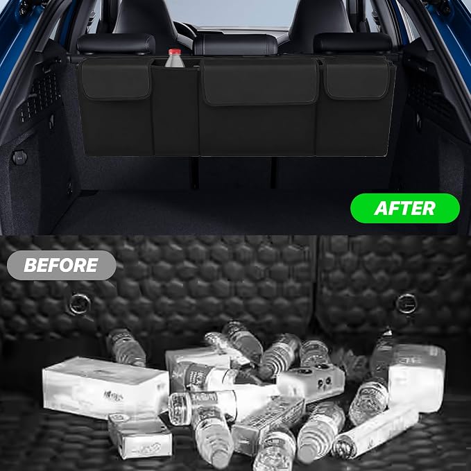Car Trunk Organizer, Waterproof Backseat Hanging Large Storage with Adjustable Straps, Collapsible Cargo Bag with 4 Pockets, Car Interior Accessories for Truck, SUV, MPV (Black)