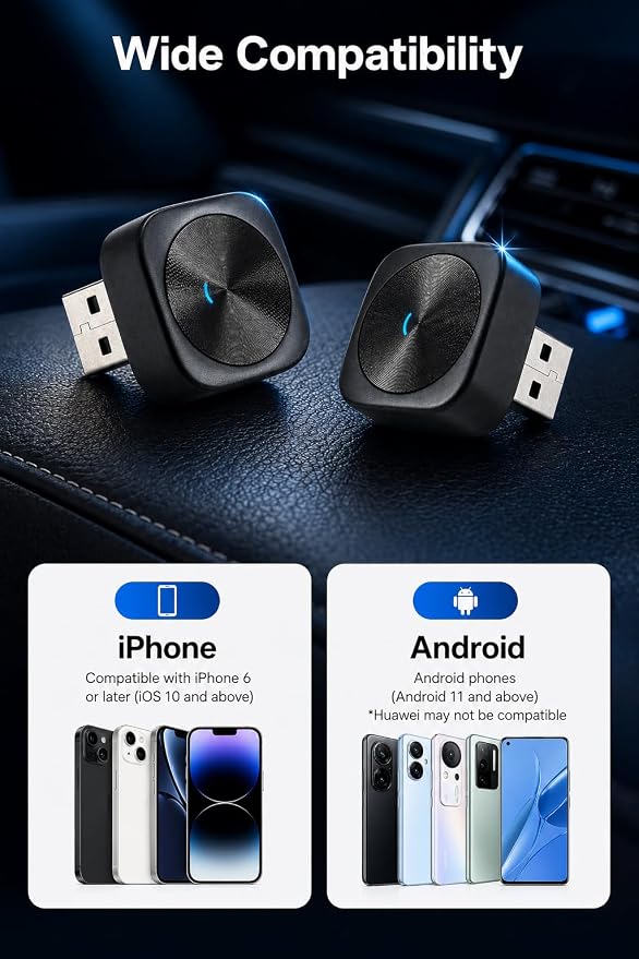 Wireless CarPlay Adapter for iPhone & Android with USB/USB-C Port, 2026 Upgraded 2-in-1 Android Auto Mini Car Play Adapter, Plug & Play Dongle, Converts Wired to Wireless, No Delay Fast Auto-Connect