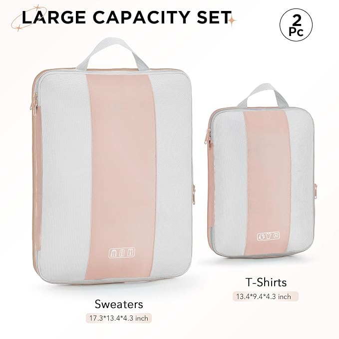 OlarHike 2 Set Compression Packing Cubes for Travel Essentials,Compressible Expandable Space Saver Bags for Organizing Clothes,Luggage Suitcase Garment Bags with Over 1000 pcs Mesh Holes(Beige)