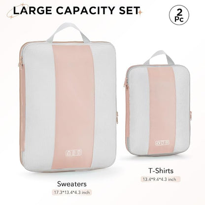 OlarHike 2 Set Compression Packing Cubes for Travel Essentials,Compressible Expandable Space Saver Bags for Organizing Clothes,Luggage Suitcase Garment Bags with Over 1000 pcs Mesh Holes(Beige)