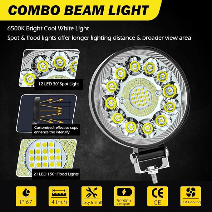 Round LED Work Lights for Tractor, Driving Fog Off Road Lights 4 Inch 123W for Motorcycles Jeep Trucks Pickup Golf Cart SUV ATV UTV 4x4 Van Camper 20Pack