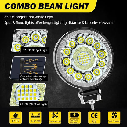Round LED Work Lights for Tractor, Driving Fog Off Road Lights 4 Inch 123W for Motorcycles Jeep Trucks Pickup Golf Cart SUV ATV UTV 4x4 Van Camper 20Pack