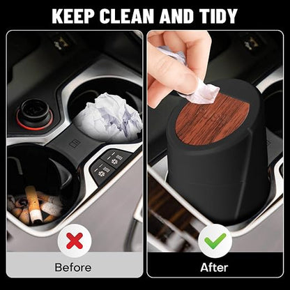 Car Trash Can Bin with Lid - Car Garbage Can Cup Holder - Mini Leakproof Vehicle Garbage Bin with 20pcs Trash Bags-Automotive Organizers and Storage for Front Back Seat Accessories(Wood Grain Lid)