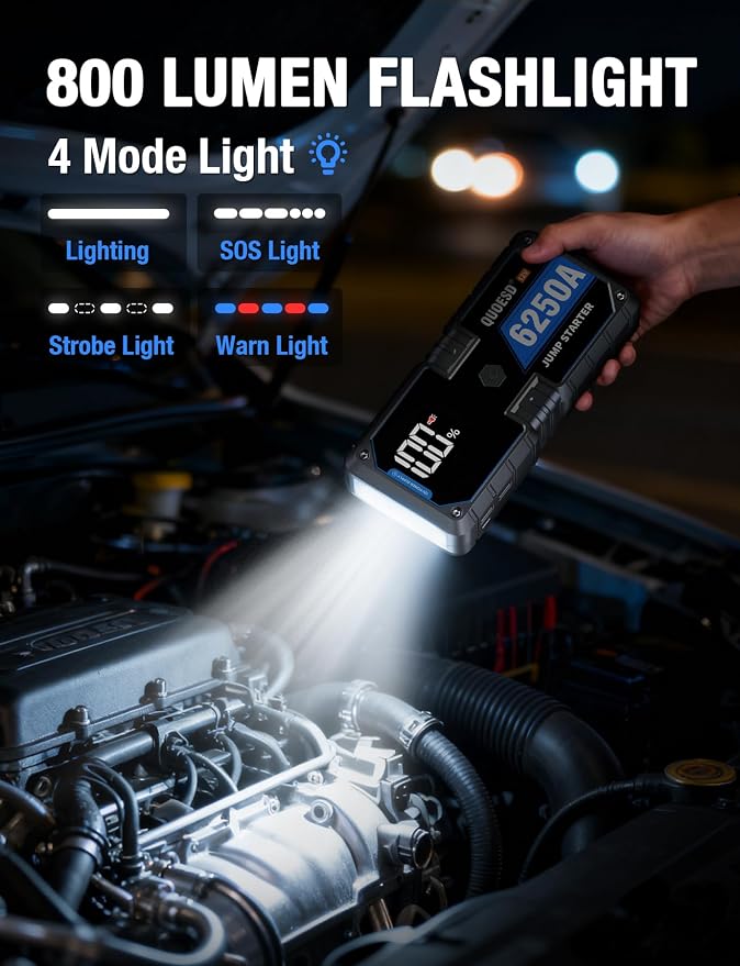 6250A Jump Starter Battery Jump Starter Battery Pack (for All Gas or 9.0+L Diesel), 2 USB Port, 12V Potable Car Jump Start with 3.2″ HD Display 48-Months Stand-by Time