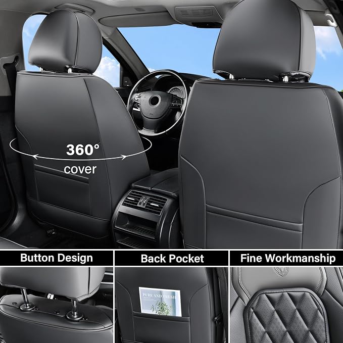 Coverado Seat Covers Full Set, Faux Leather Seat Covers for Car, Waterproof Car Seat Protectors 5 Seats, Automotive Seat Covers Universal Fit for Most Cars SUV Trucks- Gray&Black