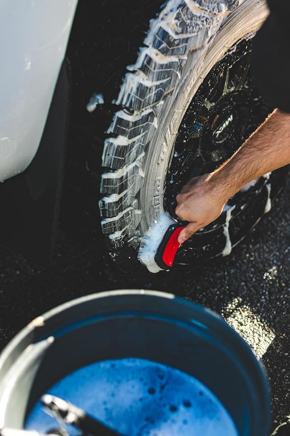 Detail Factory - ProGrip XL Tire Brush - Ergonomic ProGrip Handle - Stiff Synthetic Bristles to Cut Through Grime - Red and Black