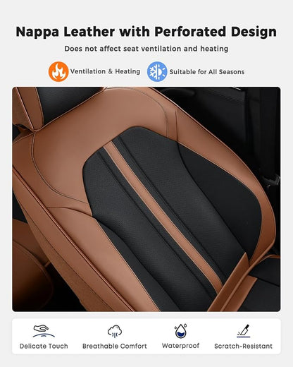 Huidasource Front Car Seat Cover, Luxury Faux Leather Car Seat Covers Front Seats, Fit Airbags, Seatbelt Buckles, Perforation, Cooling＆Heating, Universal Fit for Most Cars Vans Trucks SUVs Brown＆Black