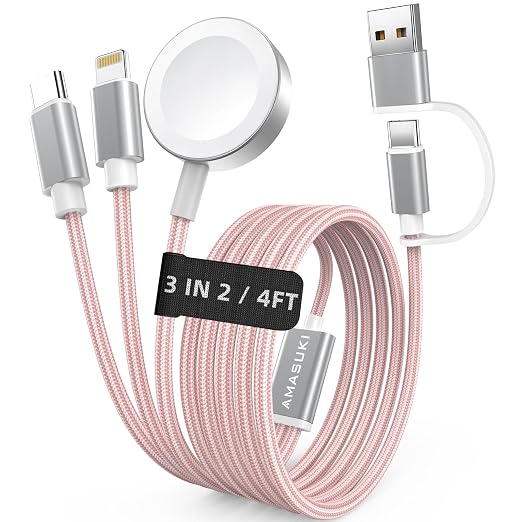 Travel Essentials,3 in 2 USB C Cable for Apple Watch Charger,iPhone Charger,Multi Charging Cable,Cruise Vacation Camping Essentials,Portable for iWatch Series 11-2/Ultra/SE & iPhone 17-12,Car,Pink