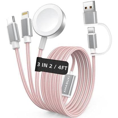Travel Essentials,3 in 2 USB C Cable for Apple Watch Charger,iPhone Charger,Multi Charging Cable,Cruise Vacation Camping Essentials,Portable for iWatch Series 11-2/Ultra/SE & iPhone 17-12,Car,Pink
