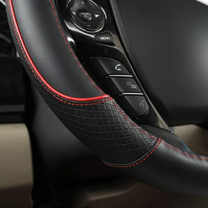 GIANT PANDA Microfiber Leather Steering Wheel Cover for Honda Accord,Civic,CR-V,HR-V,Pilot(Diamond-Pattern-Black+Red Line-Standard Size)