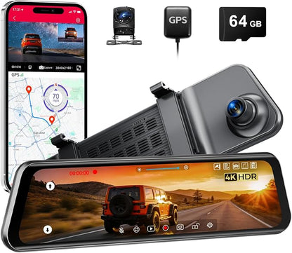 12" Mirror Dash Cam, 4K UHD Front and 2.5K Rear View Dash Camera for Car, with ADAS BSD LCA Smart Mode, GPS, G-Sensor, Loop Recording, Parking Monitor, Voice Control, 5.8GHz WiFi