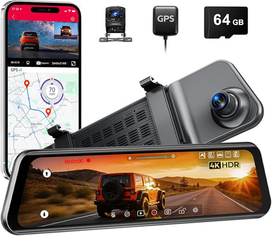12" Mirror Dash Cam, 4K UHD Front and 2.5K Rear View Dash Camera for Car, with ADAS BSD LCA Smart Mode, GPS, G-Sensor, Loop Recording, Parking Monitor, Voice Control, 5.8GHz WiFi