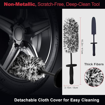 4PCS Professional Wheel Detailing Set - Metal-Free Flat Rim Brush, Dual-Hardness Tire Brushes & Lint-Free Towel | Scratch-Free Brake Dust Removal for All Vehicles