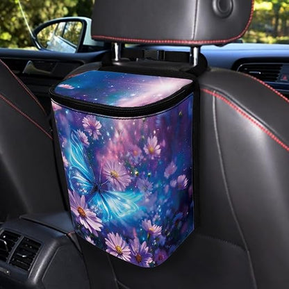 Talayituse Butterfly Daisy Floral Print Car Trash Can with Lid, Leak Proof Auto Trash Bag Hanging Vehicle Garbage Can Multipurpose Storage Container for Back Seat Road Trip