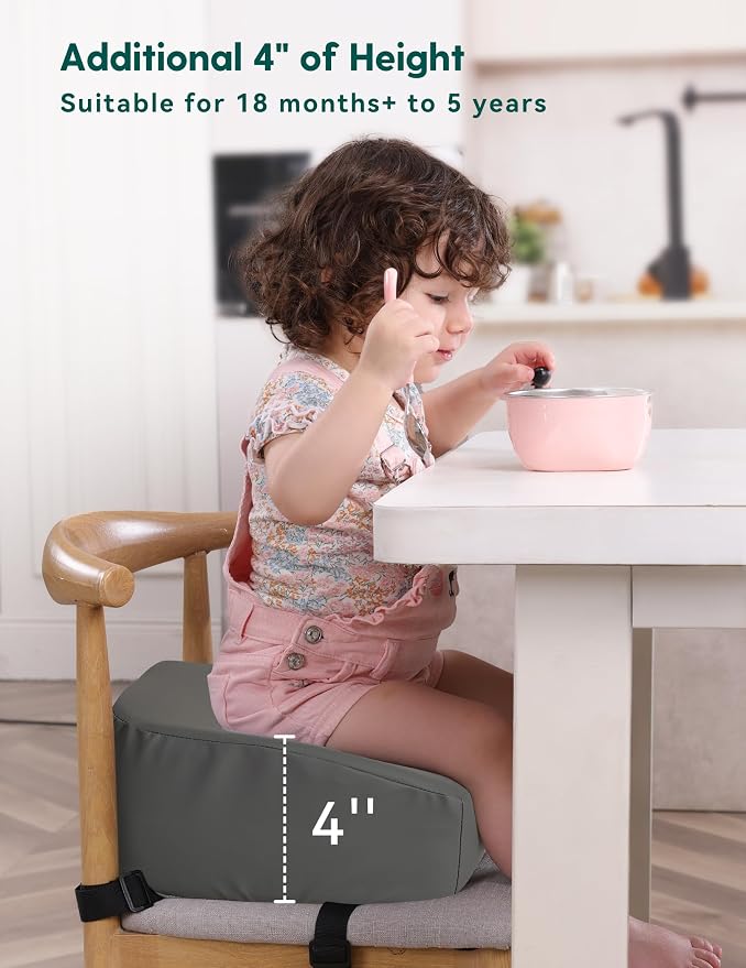 Babelio Ergo-Designed Booster Seat for Kitchen Chair, Promote Proper Upright Posture, Toddler Booster Seat for Dining Table, Suitable for 18 Months to 5 Years, Faux PU Leather Cover, Dark Grey