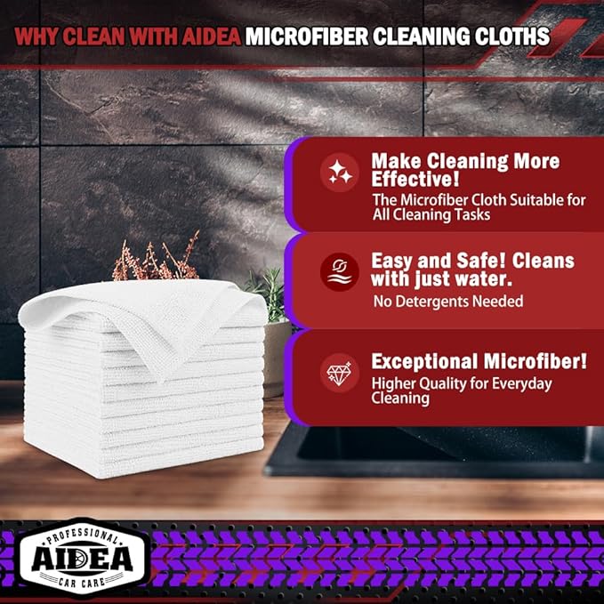 AIDEA Microfiber Cleaning Cloth White 5PK, Microfiber Towels for Cars, Premium Car Cloths, Dusting Cloth Lint Free Cleaning Rags for SUVs, House, Kitchen, Window, Workshops,12×12"