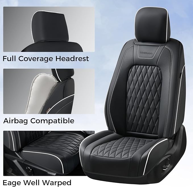 Coverado Premium Leather Full Set Seat Covers Waterproof Heavy-Duty Protectors Custom Fit for Ford F150 (2015-2026) F250/F350/F450 (2017-2026)-Black w/White Stitching, Wear-Resistant