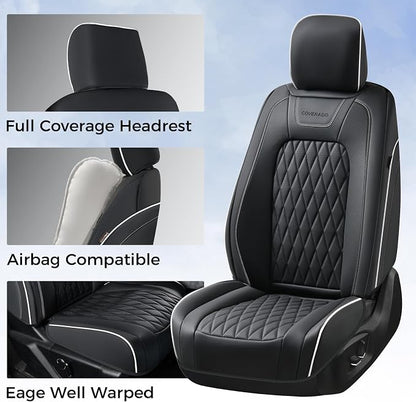 Coverado Premium Leather Full Set Seat Covers Waterproof Heavy-Duty Protectors Custom Fit for Ford F150 (2015-2026) F250/F350/F450 (2017-2026)-Black w/White Stitching, Wear-Resistant