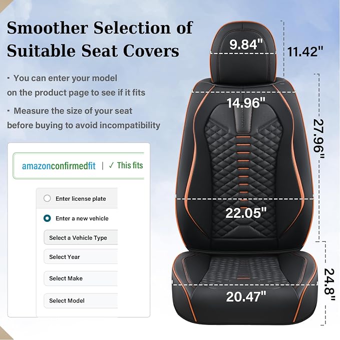 Coverado Automotive Seat Covers, Car Seat Covers Front Seats, Nappa Leather Black Orange Car Seat Cover, Waterproof Seat Cushion, 2 Pack Front Seat Covers Driver Seat Protector Fit for Most Cars SUV