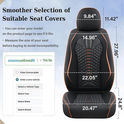 Coverado Automotive Seat Covers, Car Seat Covers Front Seats, Nappa Leather Black Orange Car Seat Cover, Waterproof Seat Cushion, 2 Pack Front Seat Covers Driver Seat Protector Fit for Most Cars SUV