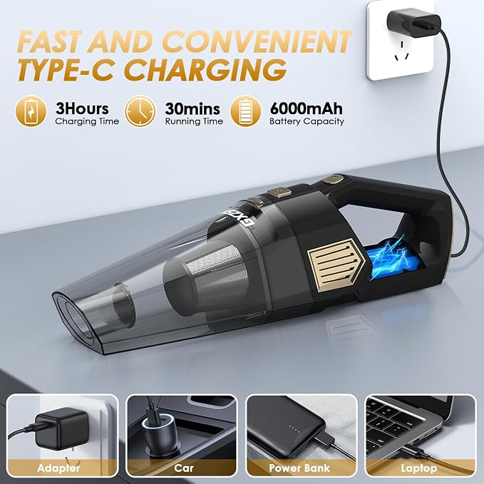 Gxzsk Handheld Vacuum Cordless, 15000PA Strong Suction Hand Held Car Vacuum Cleaner Rechargeable, Portable Hand Vacuum with Multi-Nozzles & Washable Filter for Home Office, Car, Pets