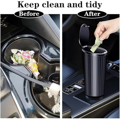 Car Trash Can Bin with Lid - Car Garbage Can Cup Holder-Universal Leakproof Vehicle Garbage Can Bin with 20pcs Trash Bags-Car Organizers and Storage for Front Back Seat Accessories