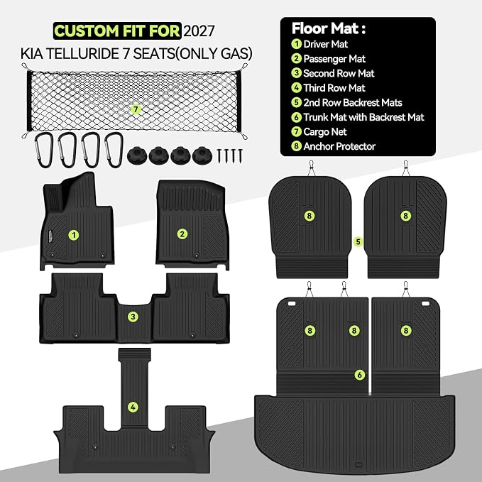 Tongama-Floor Mats for 2027 Kia Telluride 7 Seats with Bucket Seat(Only Gas), All Weather TPE Trunk Mat with Backrest Mat & 2nd Row Backrest Mats & Cargo Net for Kia Telluride Floor Liner Accessories