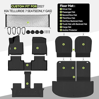 Tongama-Floor Mats for 2027 Kia Telluride 7 Seats with Bucket Seat(Only Gas), All Weather TPE Trunk Mat with Backrest Mat & 2nd Row Backrest Mats & Cargo Net for Kia Telluride Floor Liner Accessories