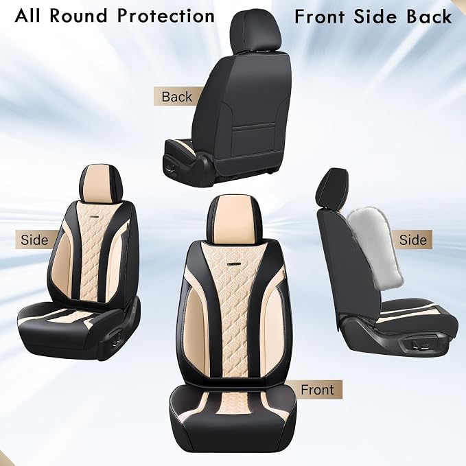 Coverado Seat Covers, Car Seat Covers Front Seats, Perforated Diamond Leather Car Seat Cover, Waterproof Car Seat Covers, 2 Pack Car Seat Protector Front Seat Cover Universal Fit Most Car, Black&Beige