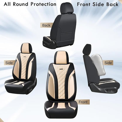 Coverado Seat Covers, Car Seat Covers Front Seats, Perforated Diamond Leather Car Seat Cover, Waterproof Car Seat Covers, 2 Pack Car Seat Protector Front Seat Cover Universal Fit Most Car, Black&Beige