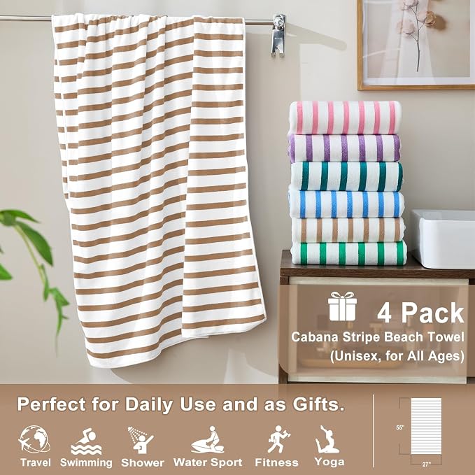 JML Microfiber Towels, Bath Towel Sets (4 Pack, 27" x 55") - Extra Large, Soft, Absorbent, Fast Drying, Multipurpose for Hair Wrap, Swimming, Fitness, Sports, Yoga -Stripe Coffee