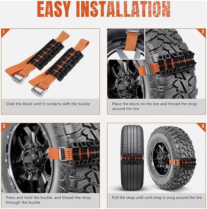 Tire Traction Straps for Trucks and SUVs – Emergency Snow Mud Skid Straps with Gloves – Strong Grip ABS Material for Enhanced Vehicle Stability and Safe Driving in Winter or Off Road Conditions