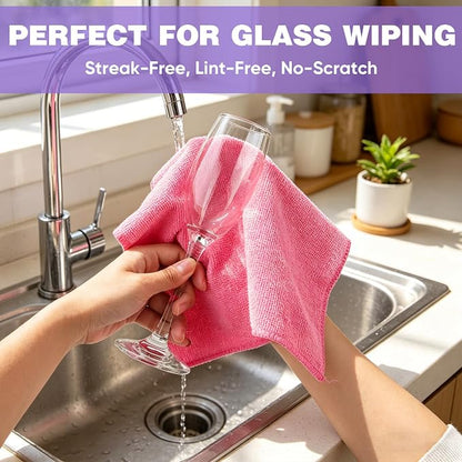 TEAWOO 10 PCS Pink Microfiber Cleaning Cloths, Highly Absorbent Microfiber Towels for Car, Kitchen, Bathroom and Household Cleaning, 11.8" X11.8