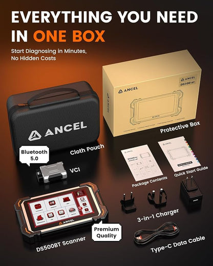 ANCEL DS500BT Bidirectional Scan Tool, Full-System Automotive Diagnostic Scanner with 28+ Services, Injector Coding, DPF/Brake/BMS/Oil/Gear/Throttle Functions, CAN FD Support, Lifetime Free Updates