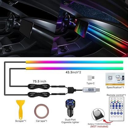 Dreamcolor Acrylic Interior Car LED Strip Light with USB/Type C/4-Port Cigarette Lighter, RGB 2 in 1 with 86.6 inches LEDs Ambient Lighting Kits, Sound Active Function Neon Led Strips for Car