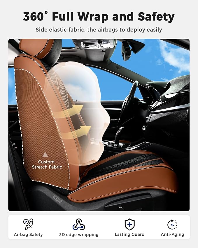 Huidasource Seat Covers, Luxury Nappa Leather Car Seat Covers Full Set with Velcro Adjustable, Airbag, Lumbar Support, Cooling＆Heating, Brown Car Seat Cover Fit for Most Cars SUV Trucks, Brown＆Black