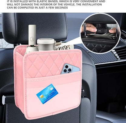 Car Seat Back Organizer, Car Organizers and Storage, Leather Multipurpose Vehicle Backseat Storage Pocket, Auto Interior Accessories Waterproof Hanging Bag for SUV Sedan Truck (Pink)