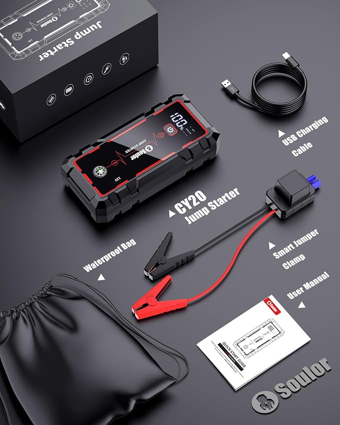 5000A Jump Starter Car Jumper Starter Portable Battery Booster Pack Jump Box with LED Display, LED Light and Jumper Cables(10.0L Gas and 10.0L Diesel)