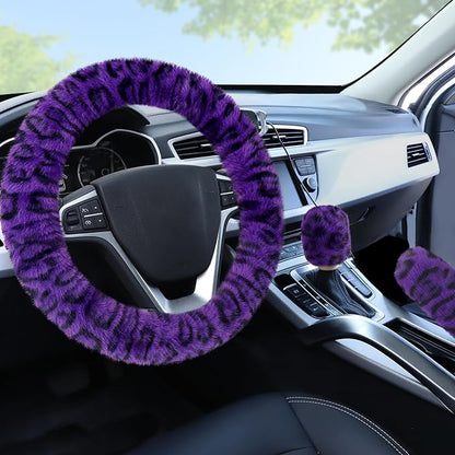 Accmor Fuzzy Car Steering Wheel Cover, Universal Fit Fur Car Wheel Cover & Handbrake Cover & Gear Shift Cover Set, Fluffy Fashion Leopard Print Auto Steering Wheel Protector for Women Girls(Purple)