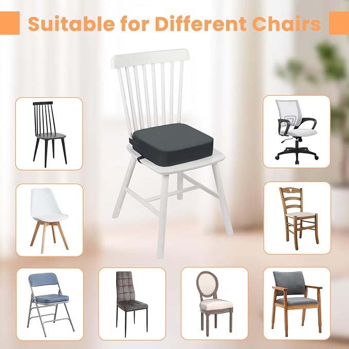 Toddler Booster Seat for Dining Table, 4" Kids Booster Seat for Kitchen Chair with Non-Slip Bottom, Portable Detachable Washable Increasing Cushion with 2 Adjustable Straps (Grey)