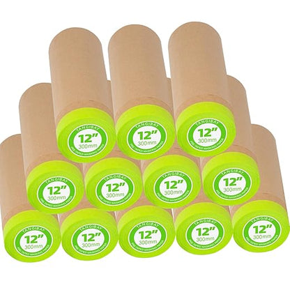 Tangibay Pre-Taped Masking Paper for Painting - 12 inch x 50 feet Tape and Drape Painters Paper, Paint Adhesive Protective Paper Roll for Covering Skirting, Frames, Cars and Auto Body (12 Rolls)