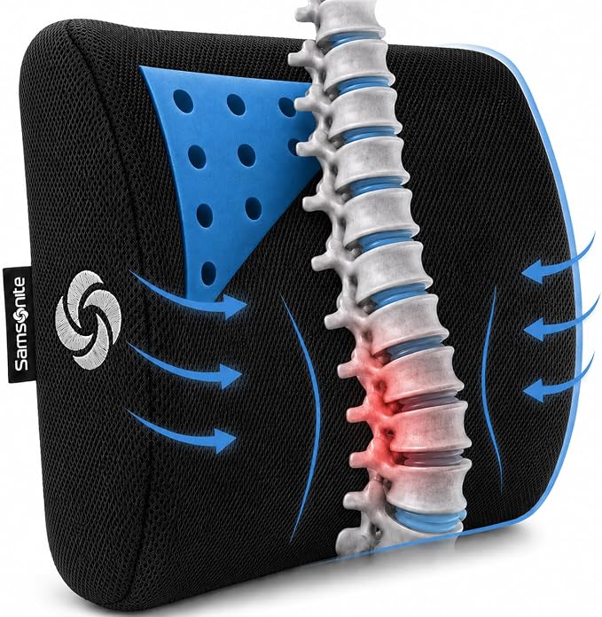 Samsonite Memory Foam Lumbar Support Pillow for Office Chair, Gaming Chair & Car Seat Automotive Use, Home Office Essentials for Sitting Comfort and Posture Relief Back Support, Black with Cooling Gel