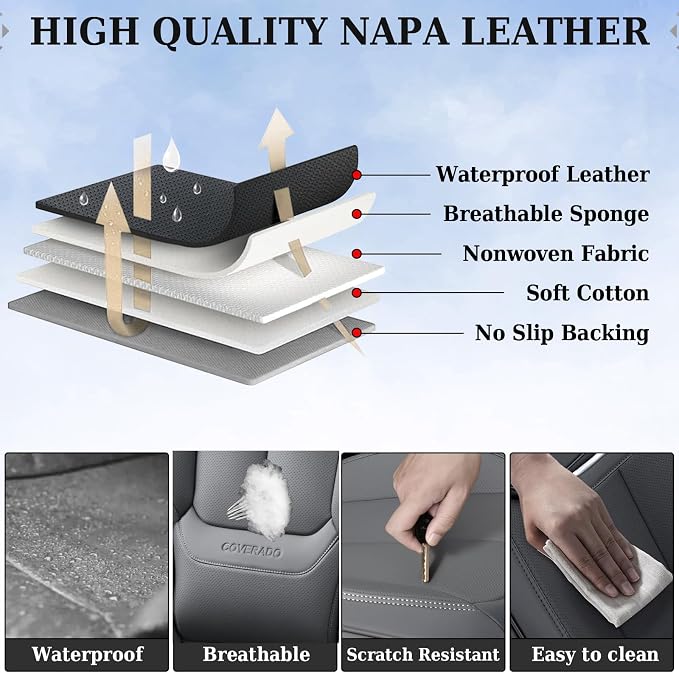 Coverado Car Seat Covers Full Set, Seat Covers for Cars, Gray Car Seat Protector Waterproof, Nappa Leather Car Seat Cushion, Car Seat Covers Front Seats and Back Fit for Most Cars
