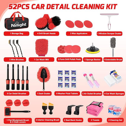 Nilight 52PCS Car Detailing Kit Auto Cleaning Tools Wash Set with Storage Carry Bag Home Use for Interior Exterior Deep Clean Polish Car Care Windshield Dashboard Seat Air Vents Wheels Tires, Red