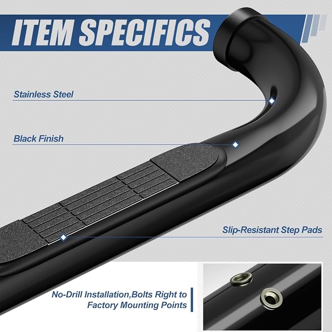 Auto Dynasty 3" Running Boards for 1999-2019 Chevy Silverado GMC Sierra 1500 2500HD 3500HD Extended Cab, Stainless Steel Nerf Bars, Black Powdercoated Non-Slip Side Steps