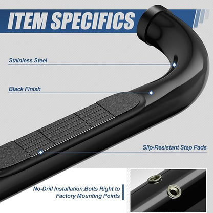 Auto Dynasty 3" Running Boards for 1999-2019 Chevy Silverado GMC Sierra 1500 2500HD 3500HD Extended Cab, Stainless Steel Nerf Bars, Black Powdercoated Non-Slip Side Steps