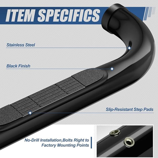 Auto Dynasty 3" Running Boards for 1999-2019 Chevy Silverado GMC Sierra 1500 2500HD 3500HD Extended Cab, Stainless Steel Nerf Bars, Black Powdercoated Non-Slip Side Steps